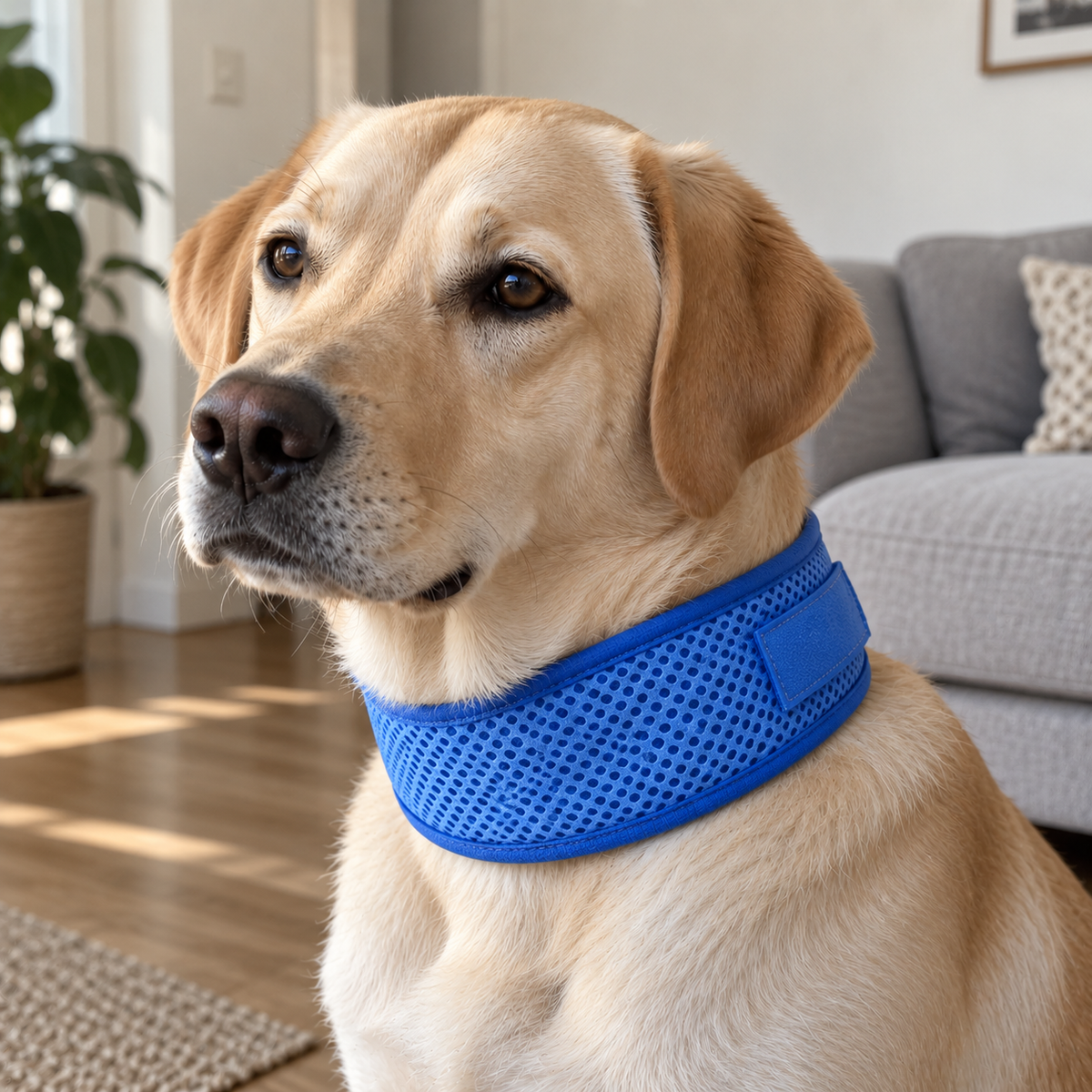 Hund mit blauem Halfwild Kühlbandana um den Hals