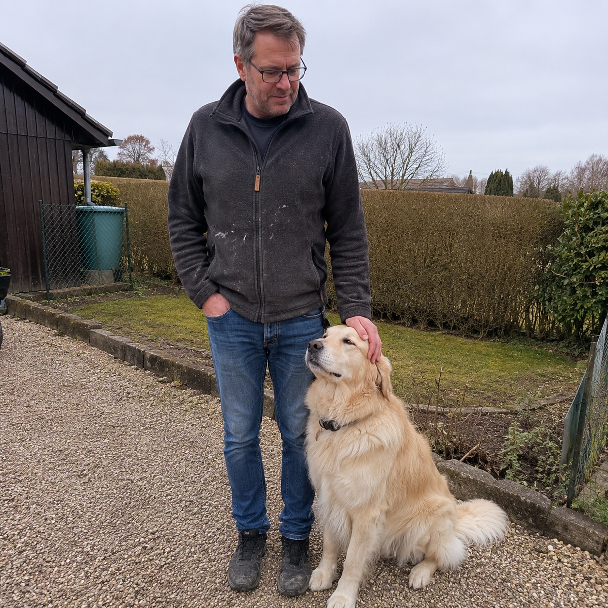 Kunde mit Golden Retriever im Garten (Verified reviewer)